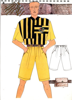 hand drawn image of a white man wearing yellow shorts and a black and yellow patterned short sleeved shirt. Line drawings showing shorts, belt and bag in detail surround the figure