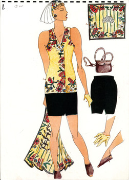 hand drawn image of a white woman wearing a black skirt and yellow sleeveless vest and headscarf with native botanical designs on a yellow background. The figure is holding a yellow scarf with native botanical designs. Line drawings showing deatil of shorts, bag, gloves and shoes and floral design are shown to the right of figure