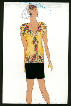 hand drawn image of a white woman wearing a black skirt, yellow gloves and yellow sleeveless vest and headscarf with native botanical designs on a yellow background.