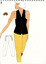 hand drawn image of a white woman wearing yellow pants and a black sleeveless vest. A line drawing showing detail of the pants and a map of Australia is shown to the left of the figure.