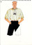 hand drawn image of a white man standing with hands in pockets wearing black shorts and a green, cream and yellow striped short sleeved shirt. 
