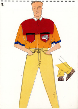 hand drawn image of a white man standing with hands in pockets wearing yellow pants and a red, black, orange and blue short sleeved shirt. A line drawing showing detail of brown shoes is shown to the right of the figure.