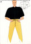 hand drawn image of a white man standing with hands in pockets wearing yellow pants and a black short sleeved shirt. A line drawing showing detail of the shirt is shown to the right of the figure.