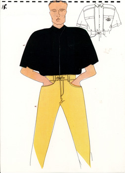 hand drawn image of a white man standing with hands in pockets wearing yellow pants and a black short sleeved shirt. A line drawing showing detail of the shirt is shown to the right of the figure.