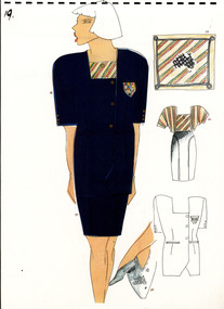 hand drawn image of a white woman wearing black skirt, black short sleeved jacket and striped blouse. Line drawing sketches show detail of shoes, jacket, blouse, skirt and emblem to the right of figure.
