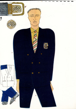 hand drawn image of a white man wearing black pants, black suit jacket, yellow shirt and a striped tie. Line drawing sketches show detail of shoes, jacket and belt to the left of figure.