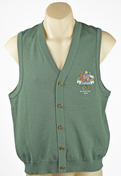 front view of green vest with emblem in top right corner