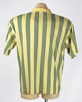back view of shirt showing cream and green vertical stripes