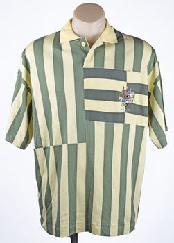 front view of shirt showing gold and cream stripes