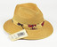 straw hat with floral textile band and paper tag