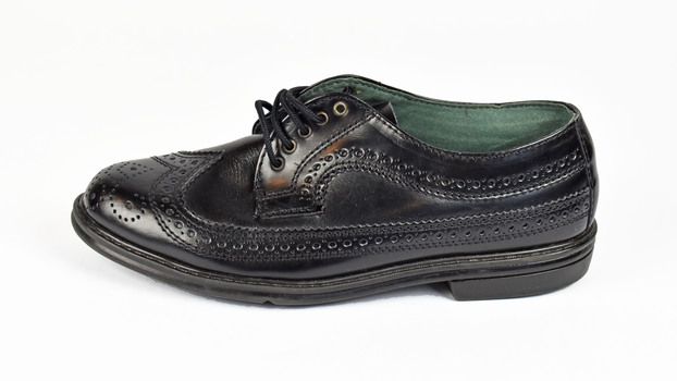 side view of shiny black shoe