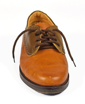 front view of tan shoe with brown lace