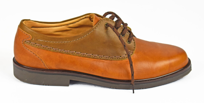 side view of tan shoe with brown lace