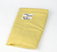 folded cream fabric with two white labels with black hand written text
