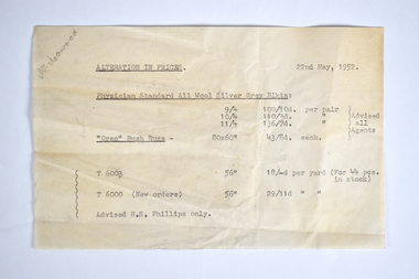 Document - Memo – Physician Blankets, Collins Bros Mill Pty Ltd, 22 May 1952