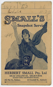 Ephemera - Photograph Envelope, Small's Snapshot Service, Herbert Small Pty Ltd, 1928-1929