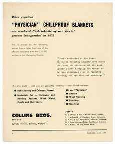 Archive - “Physician” Chillproof Blankets, Collins Bros Mill Pty Ltd, July 1959