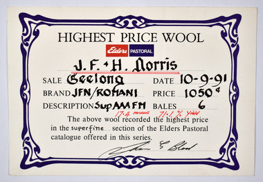 Archive - Prize Certificate, Highest Wool Price, Elders Limited, 10/9/1991