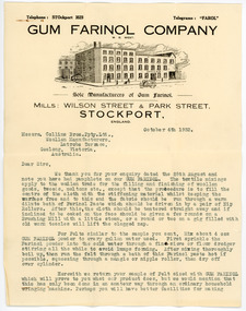 Letter - Gum Farinol Company Correspondence, Gum Farinol Company, 4 October 1933