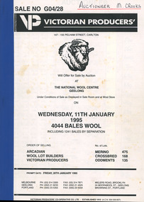 Document - Victorian Producers' Sale Catalogue, National Wool Centre, Geelong, Victorian Producers' Co-operative Limited, 11 January 1995