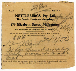 Document - Receipt, Fox Fur Coat, Nettlebergs Pty Ltd, Nettlebergs Pty. Ltd, 20/7/1950