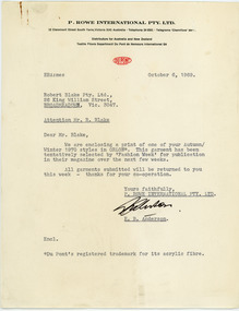 Letter, P Rowe International, 6/10/1969