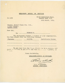 Letter, Melbourne School of Textiles, 20/3/1964