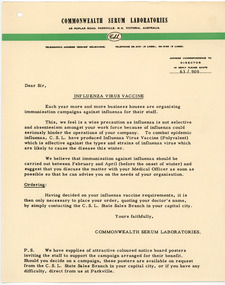 Letter, Commonwealth Serum Laboratories, 1963