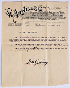 Archive - Letter of Recommendation, Charles Tansley, W. Angliss & Co. Pty. Ltd, 1 June 1923