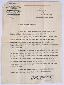 Archive - Letter of Recommendation, Charles Tansley, Dennys, Lascelles Limited, 4 March 1925