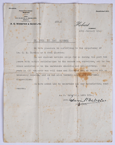 Archive - Letter of Recommendation, Charles Tansley, A. G. Webster & Sons Ltd, 18 January 1928