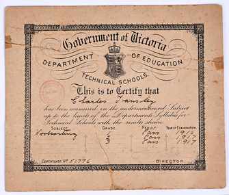 Certificate - Education Certificate, Woolsorting, Charles Tansley, Victorian Department of Education, c.1917