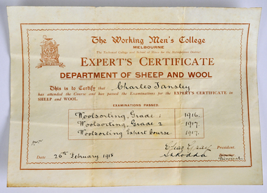 Certificate - Expert's Certificate, Woolsorting, Charles Tansley, The Working Men's College, 26 February 1918