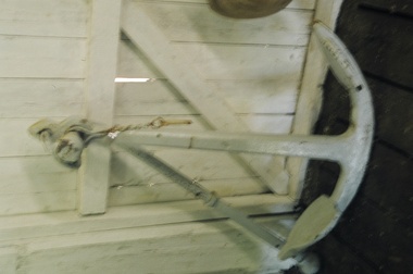 Iron anchor, Admiralty pattern, with folding arm and locking pin. 3 flukes. Painted grey