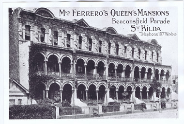 Postcard, Mrs Ferrero's Queens Mansions, Beaconsfield Parade, St Kilda, 1915-16