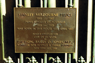 Photograph, Plaque commemorating birthplace of Stanley Melbourne Bruce