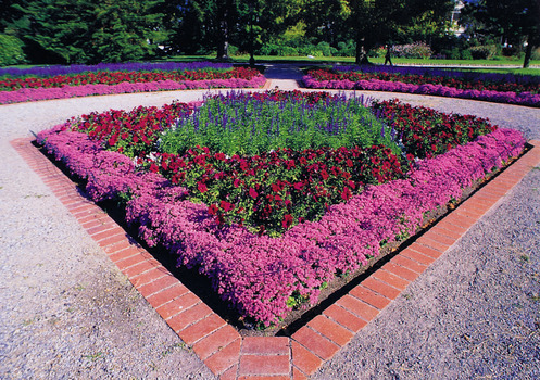 Pink, red and purple flowers in garden beds with a brick edges that are separated by gravel paths. Lawn and trees are in the background.  