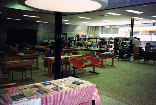 Books displayed on a table covered with a red checked cloth. Desks, chairs, shelves of books are in the distance.