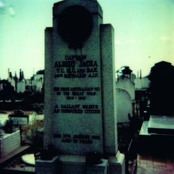 Gravestone inscribed as follows: Captain Albert Jacka VC MC and Bar, 14th Battalion AIF. The First Australian VC of the Great War 1914-1918. A Gallant Solder. An Honoured Citizen. Died 17 January 1932 aged 39 years.