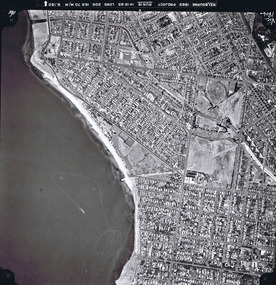 Rooftops, roads, trees, open spaces and shoreline seen from the air directly above.