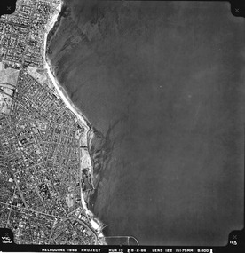 Rooftops, roads, trees, open spaces and shoreline seen from the air directly above.