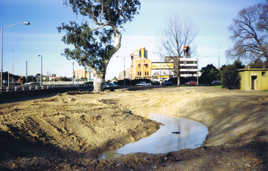 A muddy pond in cleared land next to the Ngargee tree