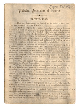 Ten Protestant Association of Victoria Rules printed in black in and identified by Roman numerals.