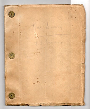 Brown page which is creased, torn, spotted and stained. Along the left-hand side are three brass-coloured fasteners, each decorated with a seven-sided star. In the top half of the page, handwritten in pencil and underlined, are the words War Diary F G Price.