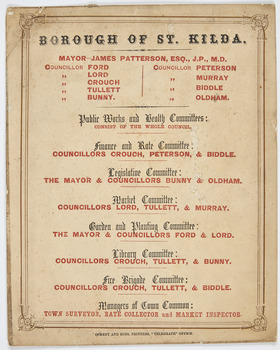 List of names of positions, committees and members surrounded by ornate gold border