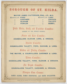 List of names of positions, committees and members surrounded by ornate gold border