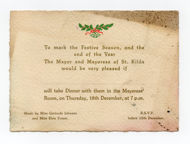 Ephemera - Invitation - mayoral dinner, To mark the Festive Season and the end of the Year, 1918 or 1929