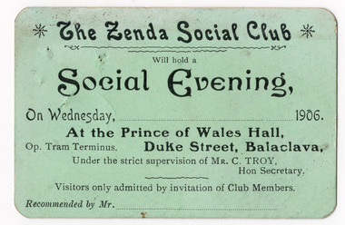Ephemera - Ticket, The Zenda Social Club Social Evening, 1906