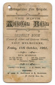 Ephemera - Dance card, Metropolitan Fire Brigade The Ninth Annual Ball, 1901