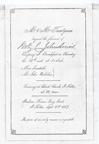 Ephemera - Invitation - wedding, Invitation to wedding of Miss Swindles and Mr John Nicholson 1867, 1867 (original)